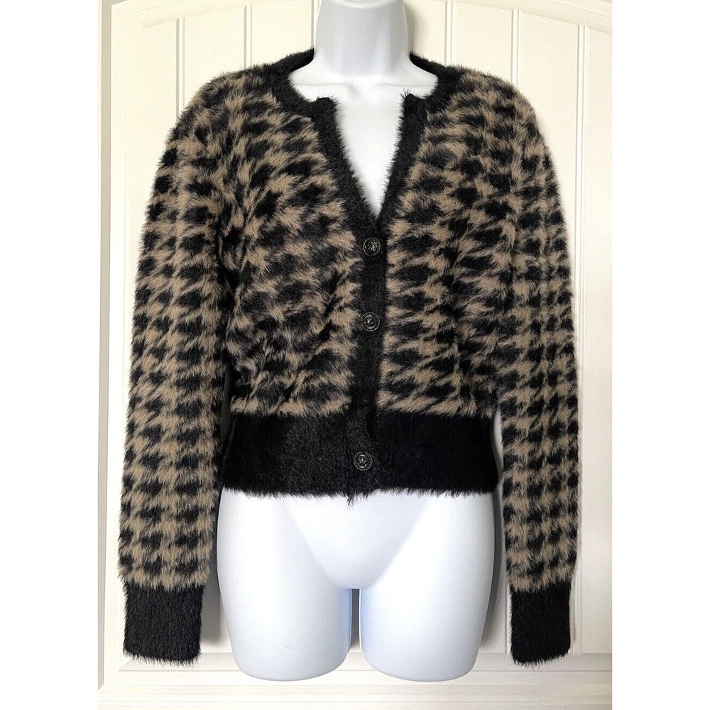 Elie Tahari Womens Medium Black Beige Cropped To The Waist Fur Button Jacket